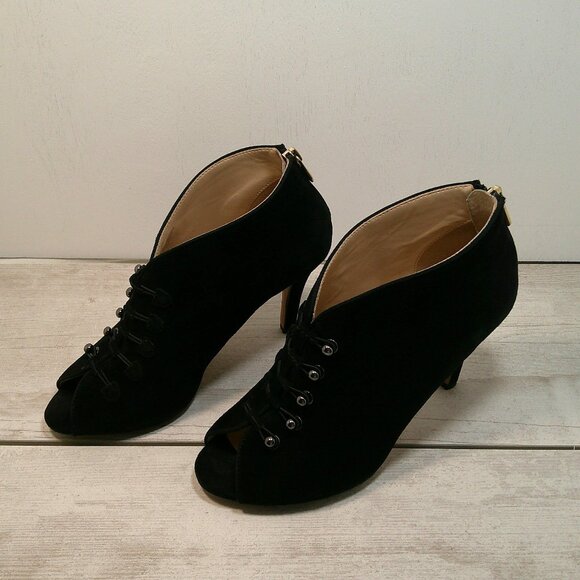 Womans Adrienne Vittadini Pumps Black Leather Suede Peep Toe Bootie Size 7.5M - Picture 2 of 6